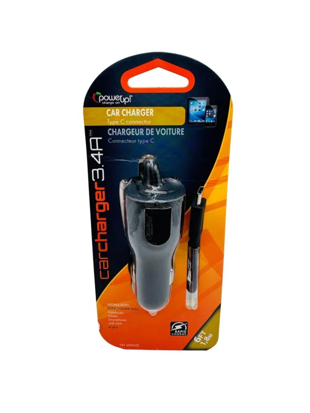 PowerUp! 3.4A Rapid Charge Car Charger With 6-Foot Type-C Cable For Smartphones